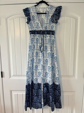 Blue Floral Boho Cotton Maxi Dress Size Medium Ruffle Spring Summer Coquette